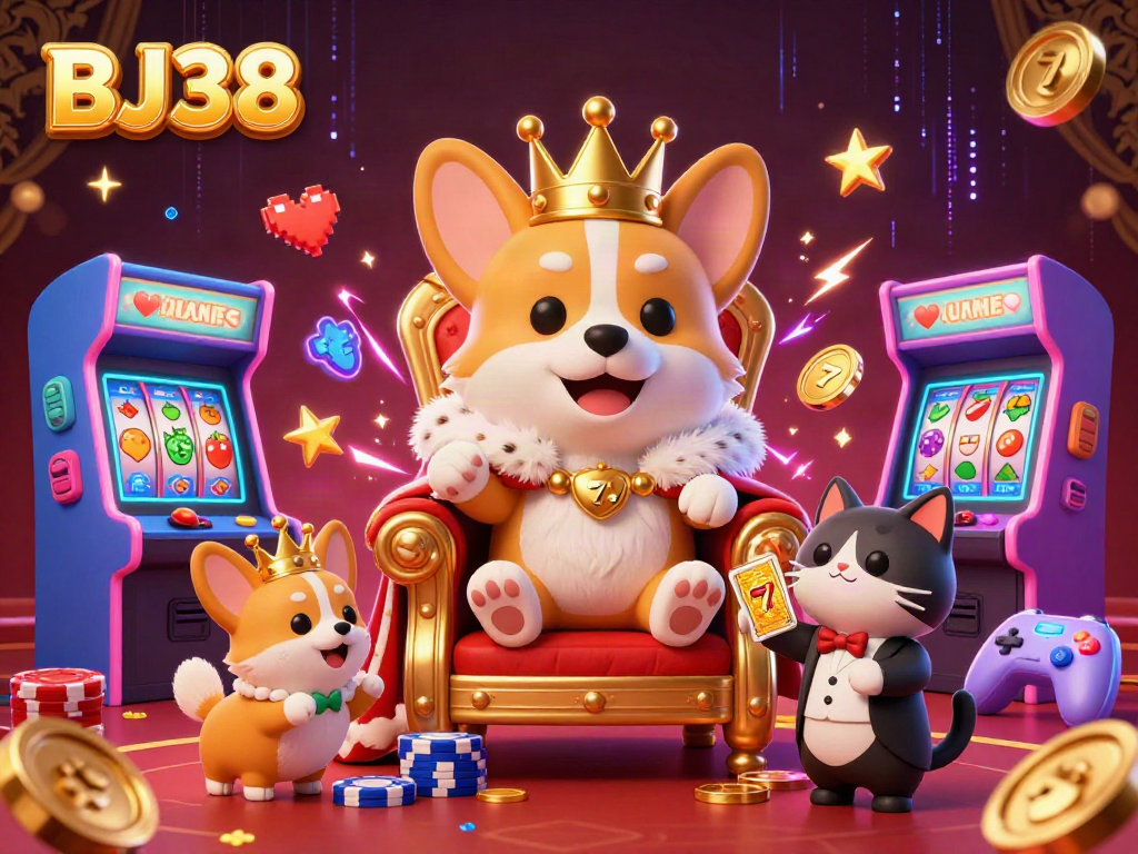 Experience the excitement with BJ38 royal corgi surrounded by vibrant casino elements.