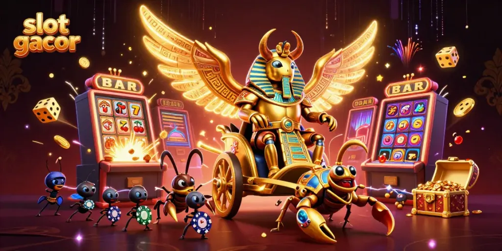 Engage with slot gacor action through a vibrant scene of golden beetles and jackpot celebrations.