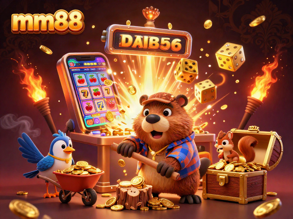 mm88 promotes winning strategies in 3D illustration of a beaver, a bird, and a squirrel in a vibrant casino scene.