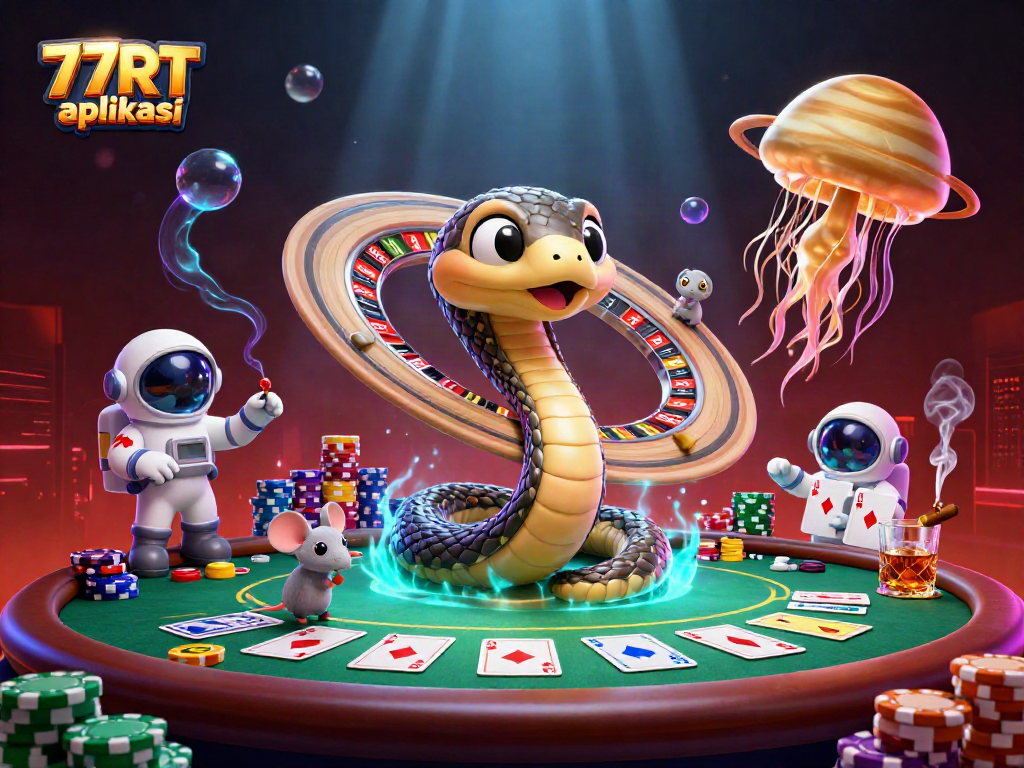 Engage with 77RT aplikasi as astronaut mice bet on a dynamic roulette wheel made from Saturn's rings.