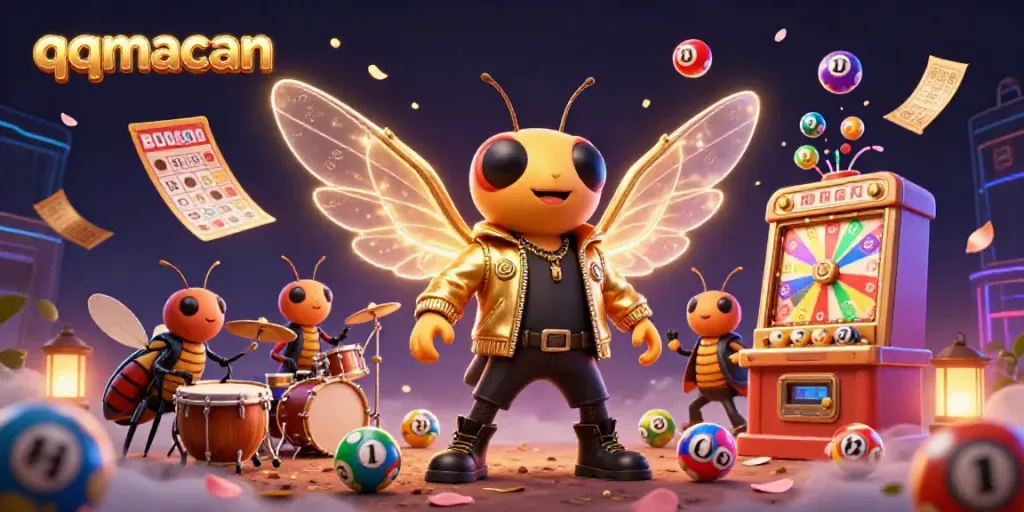 Engage with qqmacan's thrilling 3D casino scene featuring vibrant game elements and dynamic characters.