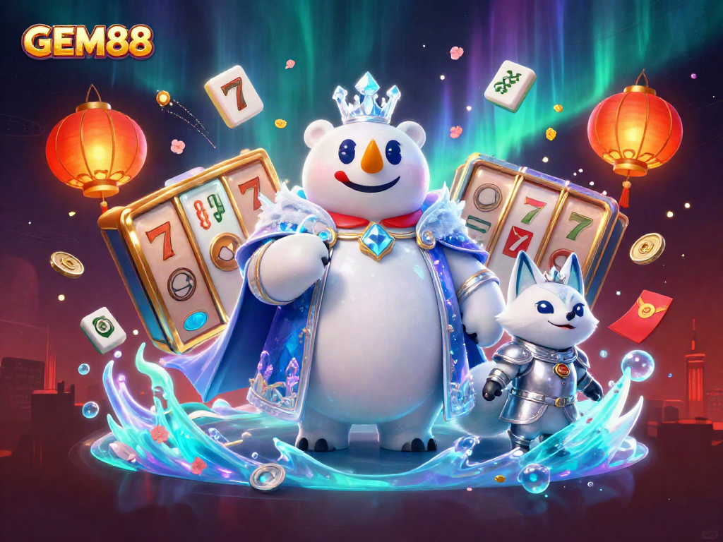 Spin to win with GEM88 in a vibrant online casino adventure featuring dynamic characters.