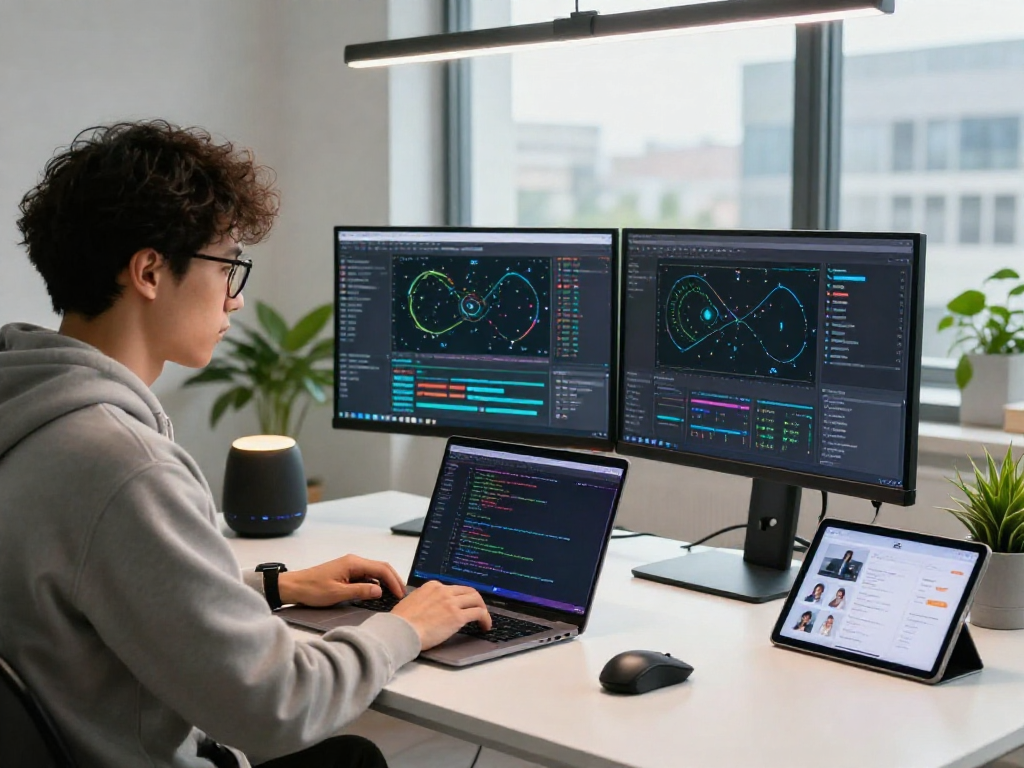 Mengoptimalkan wifi4d di ruang kerja modern, pengembang perangkat lunak fokus pada laptop dan layar ganda.