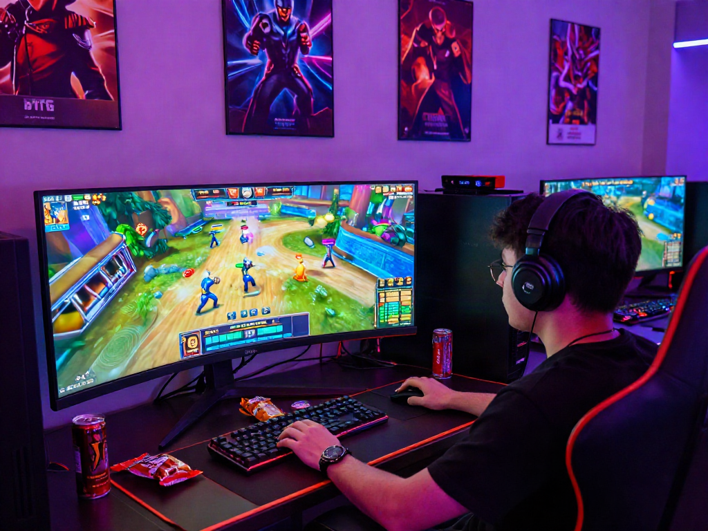 Người chơi f168 tập trung vào màn hình gaming lớn với không gian sống động.