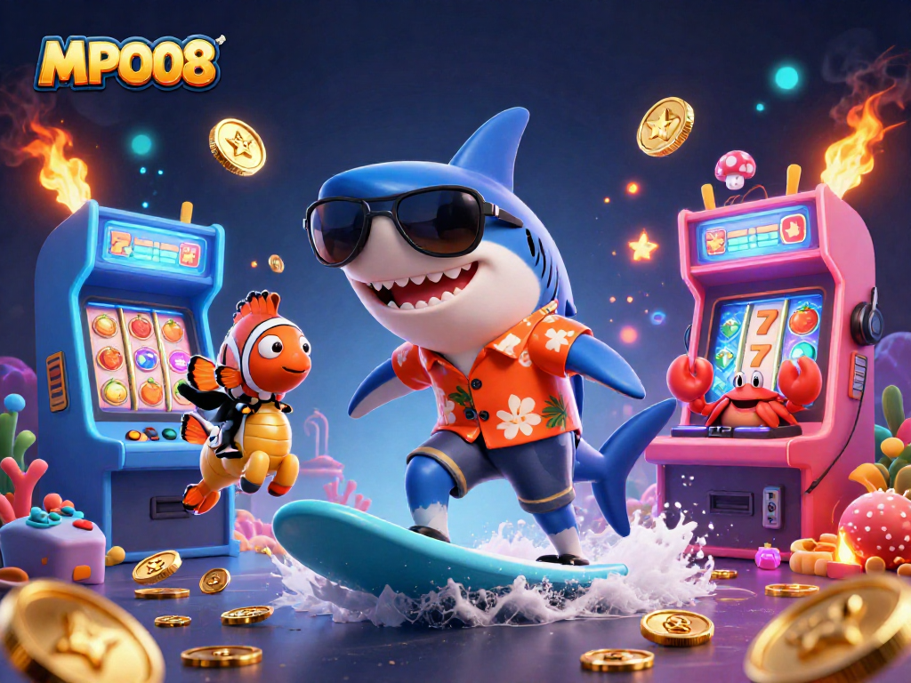 MPO08 showcases slot gaming excitement with a shark and clownfish surfing gold coins in a vibrant 3D scene.