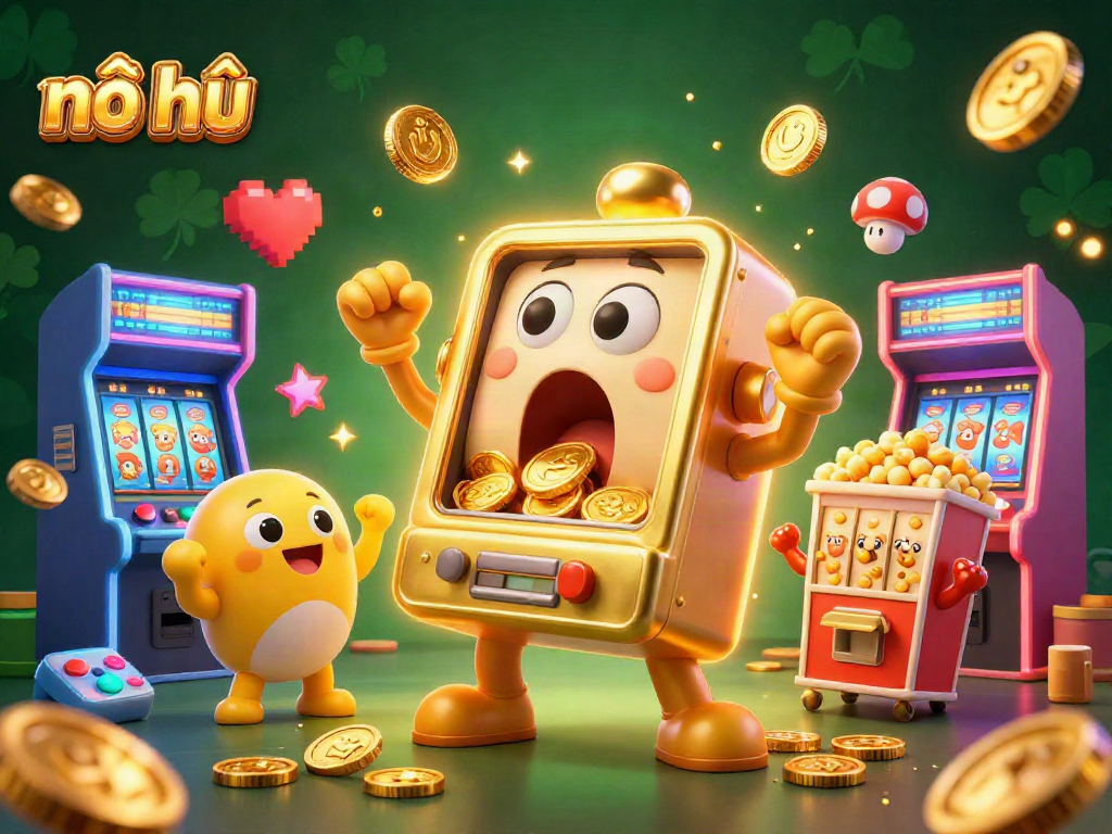 Experience nổ hũ action as a golden slot machine hits the jackpot with cheering companions in a vibrant casino scene.