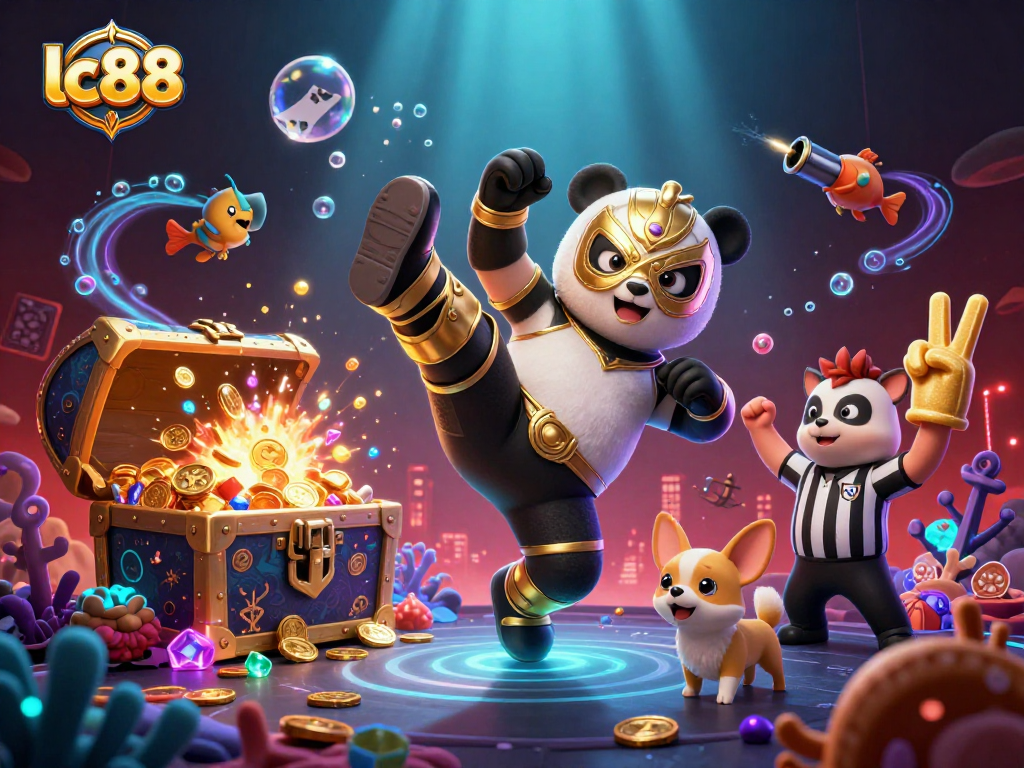 lc88 showcases a vibrant scene with a panda wrestler and animal spectators celebrating a big win.