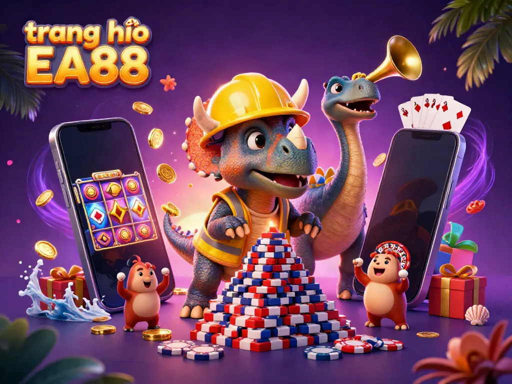 Engage with the vibrant world of trang chủ EA88 as a triceratops builds a poker chip pyramid amid dynamic slot games.