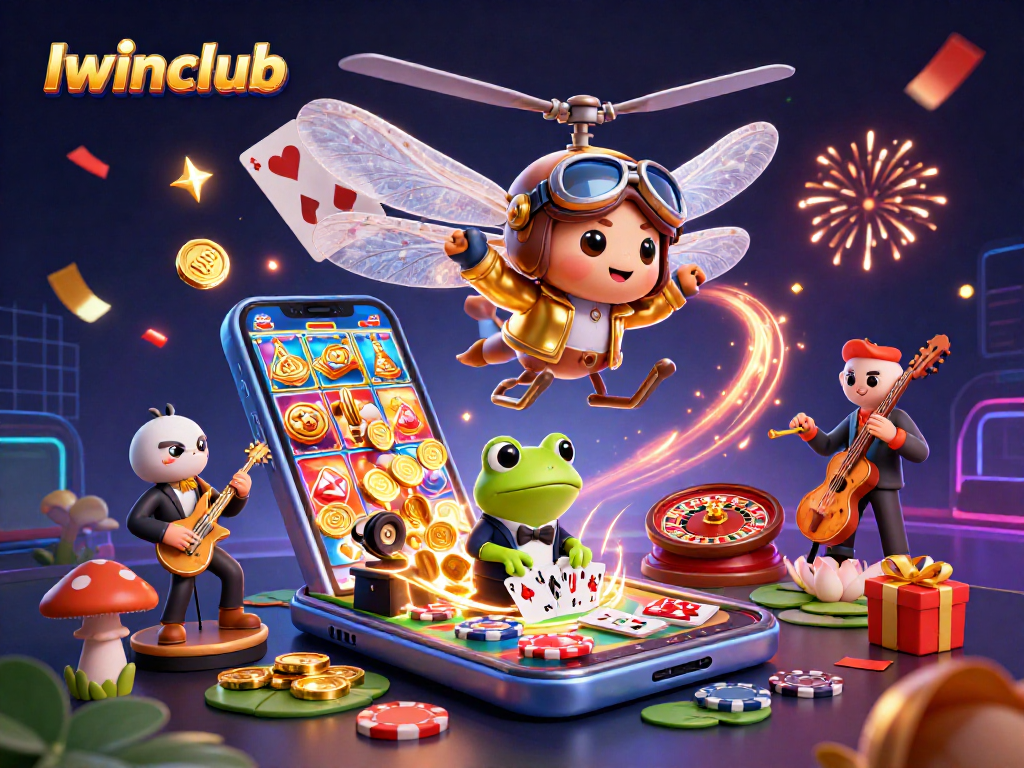 Iwinclub showcases a lively casino scene with a dragonfly pilot, frog croupier, jazz musicians, and vibrant game elements.