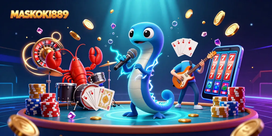 Experience the excitement of MASKOKI889 with a lively underwater casino scene featuring vibrant characters and game elements.