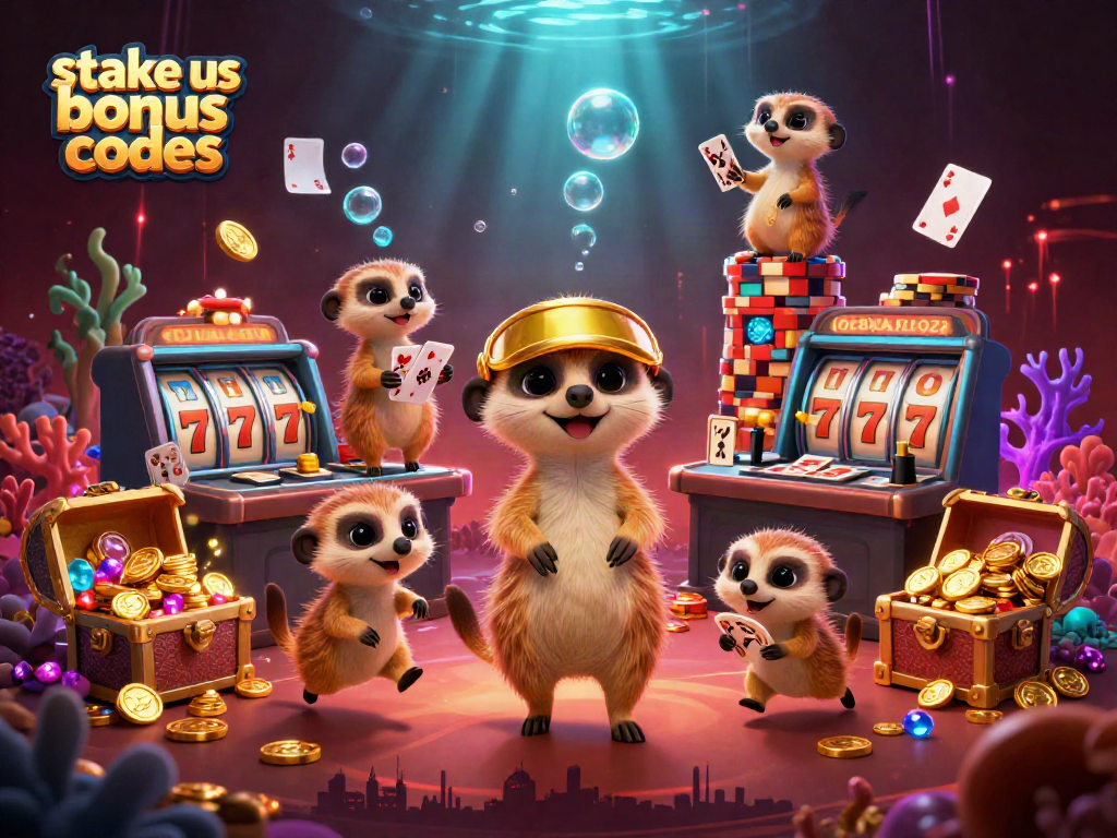 Experience thrilling gameplay with stake us bonus codes amidst a vibrant casino scene featuring playful meerkats and dazzling game elements.
