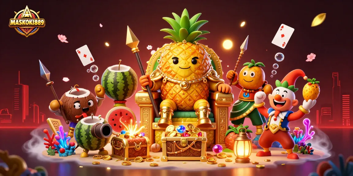 Enjoy thrilling gaming action with MASKOKI889's vibrant casino scene featuring a golden pineapple king.