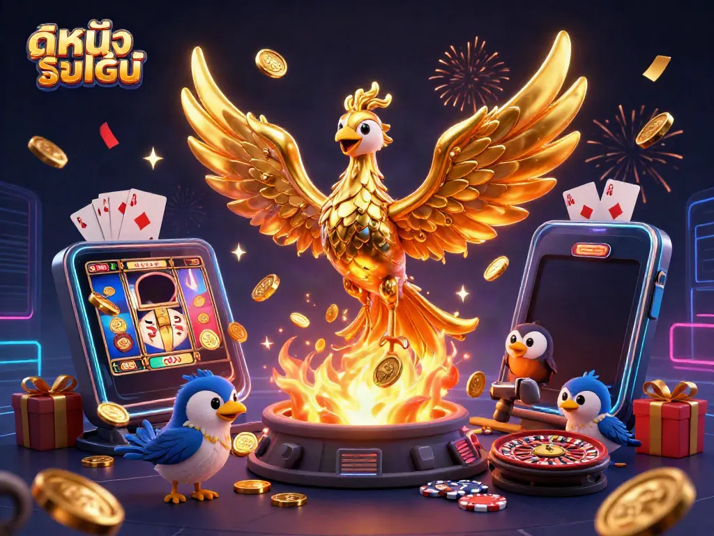 Experience ดูหนังออนไลน์ in a vibrant 3D casino scene featuring a golden phoenix and slot games.
