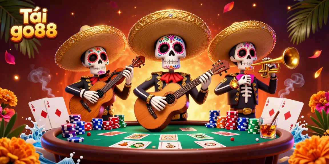 Join the fun at Tải go88 with vibrant casino-themed 3D illustration featuring mariachi skeletons.