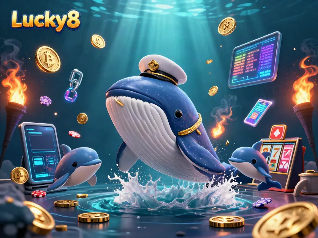 Engage with Lucky8's vibrant casino adventure featuring a whale, narwhal, and dolphin amidst jackpots.