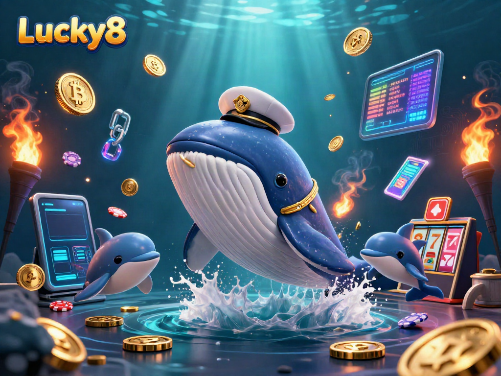 Engage with Lucky8's vibrant casino adventure featuring a whale, narwhal, and dolphin amidst jackpots.