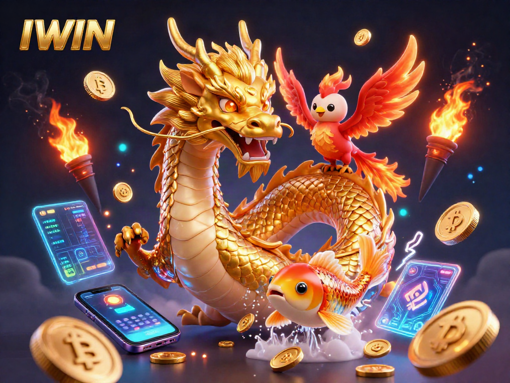 IWIN showcases a vibrant 3D casino scene with a golden dragon, phoenix, and koi, filled with crypto elements.