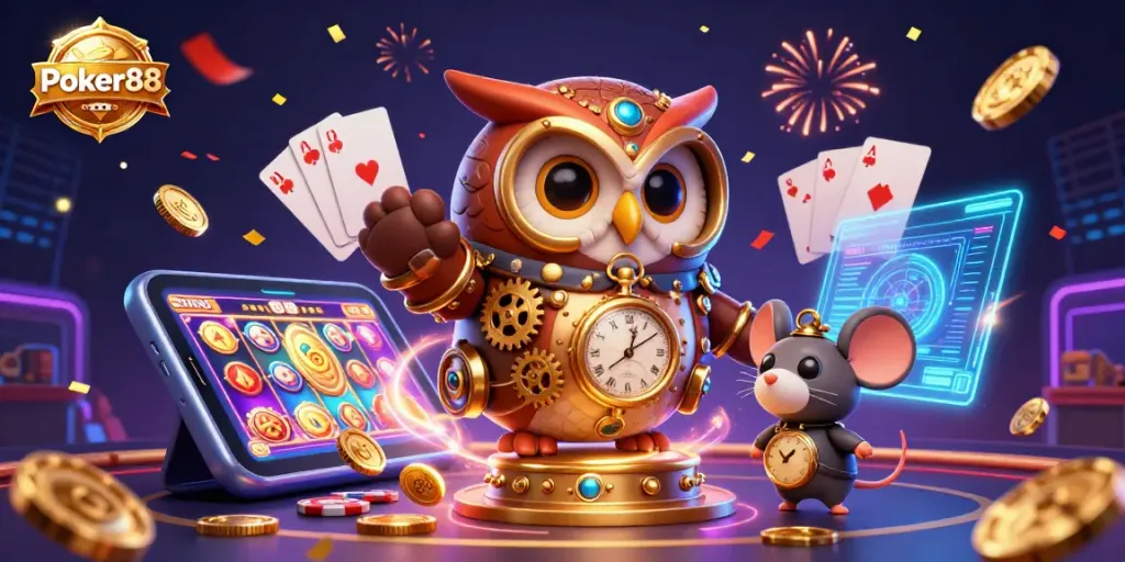 Engage with Poker88's rich gaming experience featuring a whimsical owl, vibrant gaming elements, and a festive casino atmosphere.