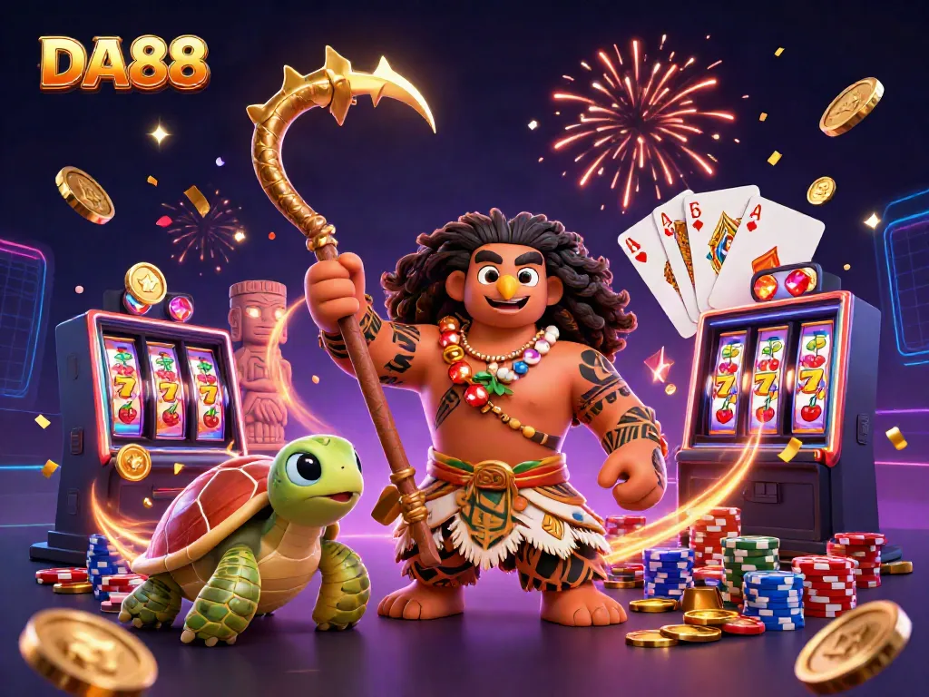 Experience the thrill of DA88 with vibrant visuals of a demigod and turtle amid casino symbols.