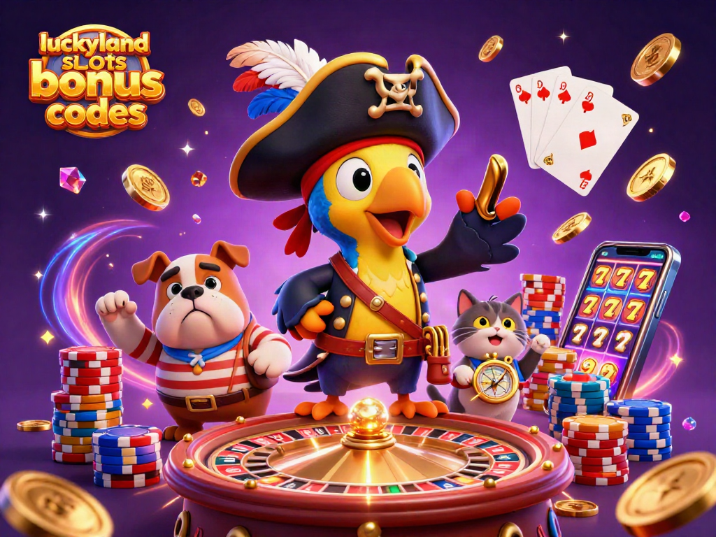 Experience exciting wins with LuckyLand Slots bonus codes and vibrant casino elements in this festive illustration.