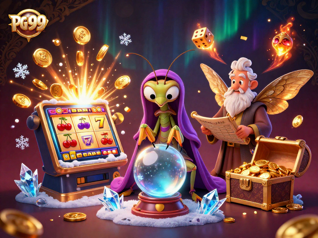 Engage with PG 99's dynamic scene featuring a fortune teller, librarian, and vibrant slot machine.