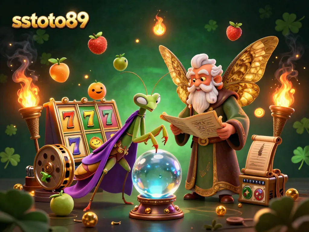 Meramalkan kemenangan sstoto89 pada permainan slot dengan simbol keberuntungan dan karakter berintrik.