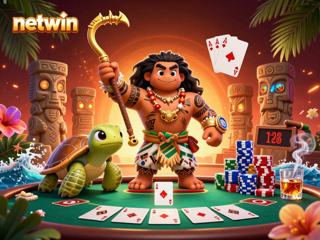 Experience thrilling poker action with netwin in a vibrant 3D illustration featuring unique characters and elements.