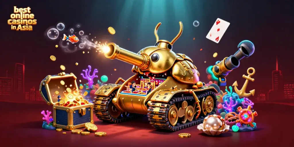 Experience the thrill of the best online casinos in Asia with a lively 3D casino scene featuring a golden beetle tank.