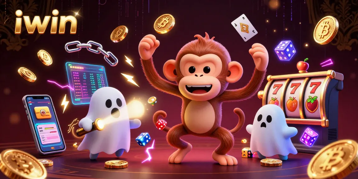 iwin showcases a playful poltergeist monkey juggling coins in a haunted casino atmosphere.