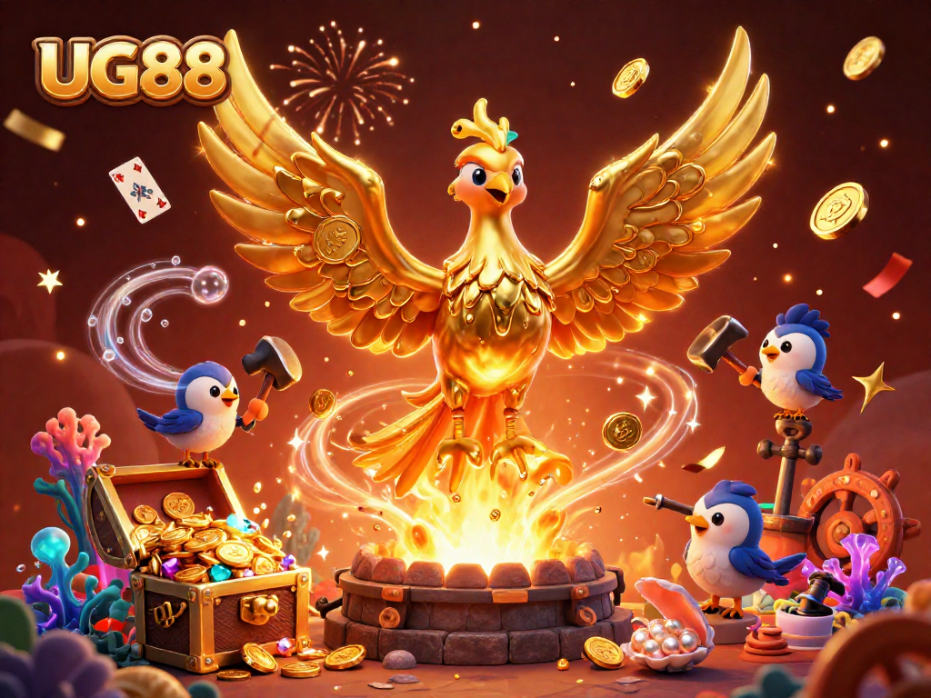 Experience excitement with UG88's immersive casino world featuring a golden phoenix and treasure!