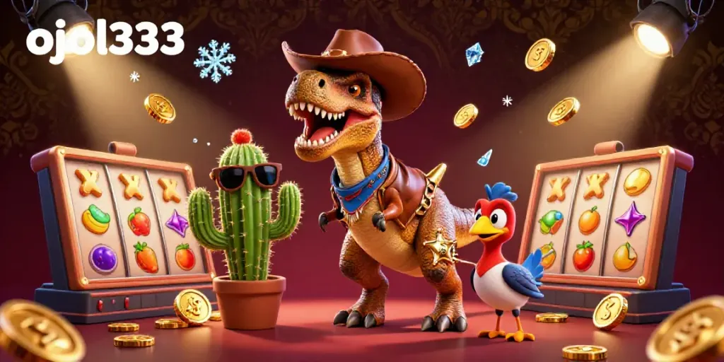 Experience exciting gaming action with ojol333's colorful cartoon characters amidst dynamic slot machine elements.