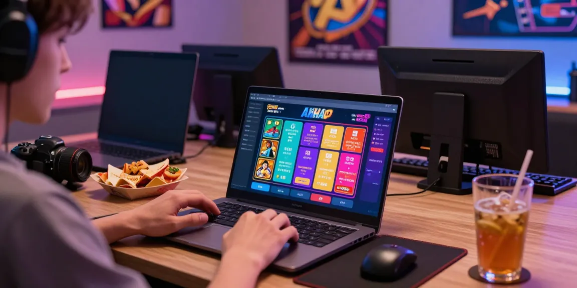 Player enjoying the AHHA4D togel gaming platform with vibrant graphics and cozy setup.