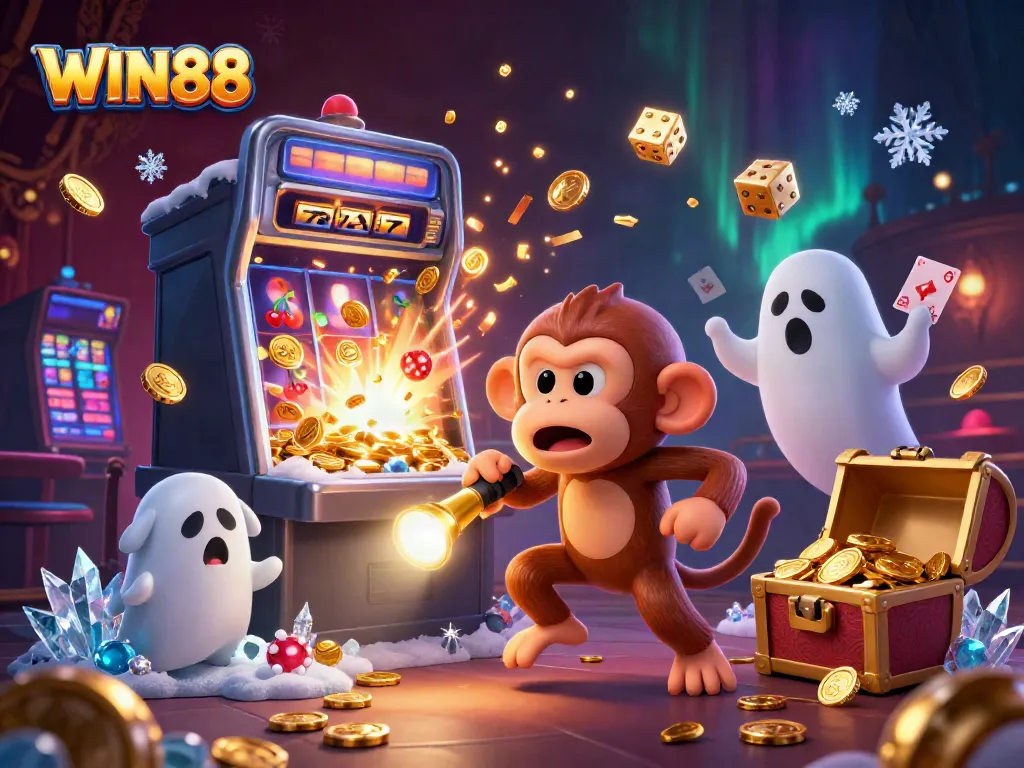 Catch the excitement of WIN88 as a mischievous monkey juggles golden casino tokens in a haunted slot scene.