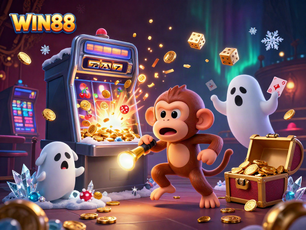 Catch the excitement of WIN88 as a mischievous monkey juggles golden casino tokens in a haunted slot scene.