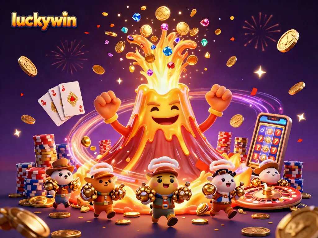 Experience exciting wins at luckywin's vibrant casino with treasures, games, and celebratory elements.