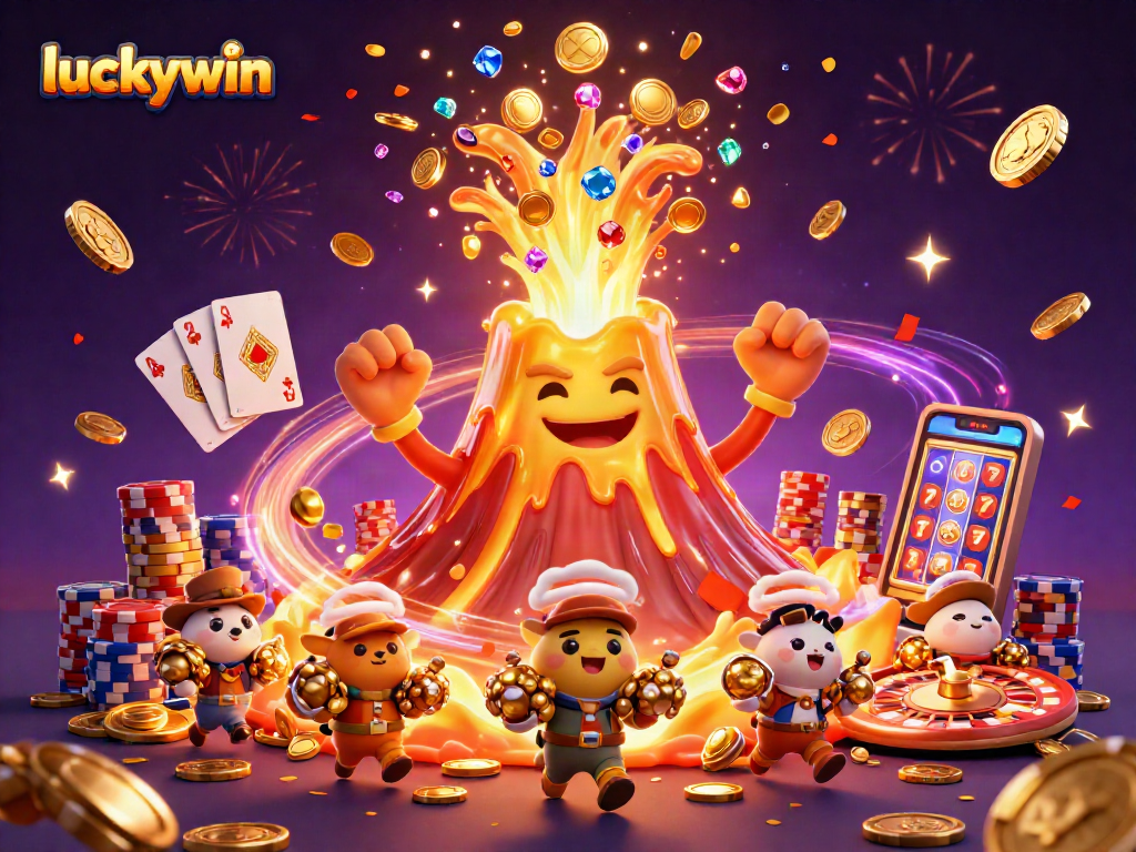 Experience exciting wins at luckywin's vibrant casino with treasures, games, and celebratory elements.