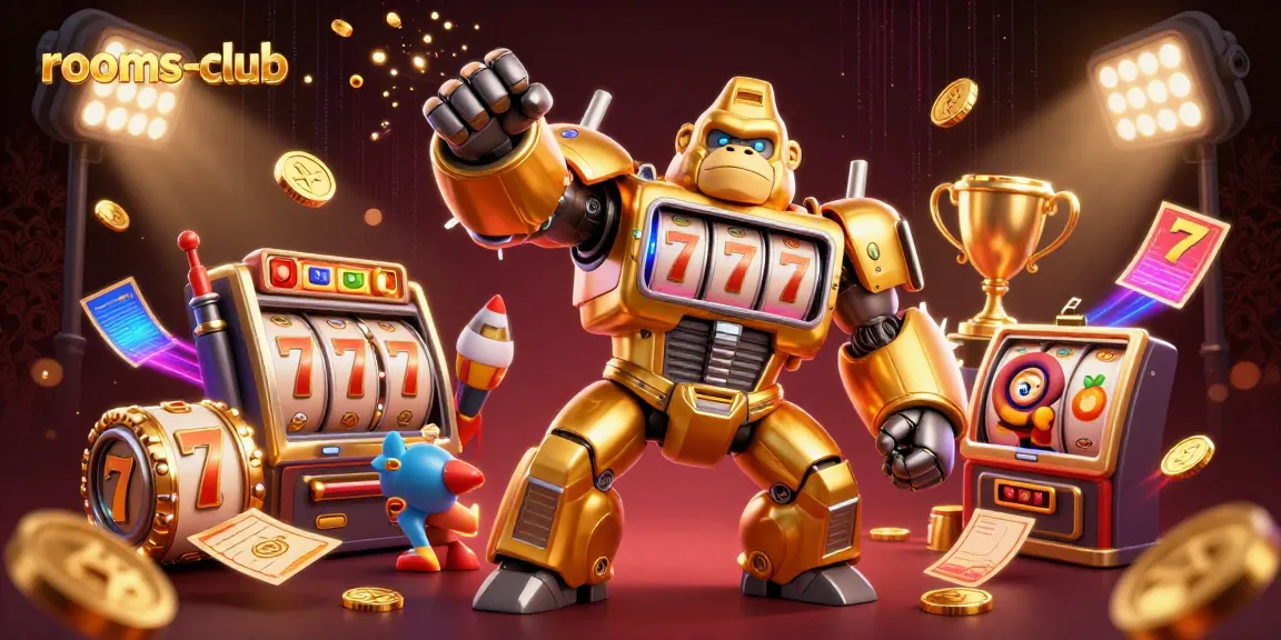 Menangkan jackpot di rooms-club dengan gorila emas dan simbol slot dalam permainan online menegangkan.