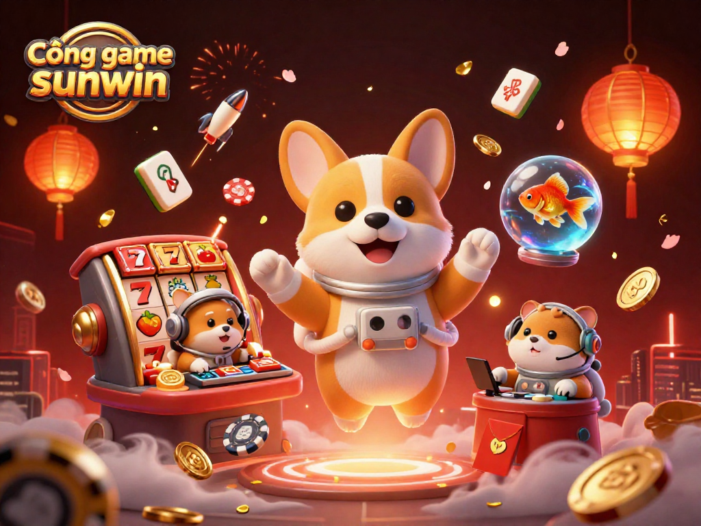 Cổng game sunwin nổi bật với chó corgi phi hành gia trong sòng bạc vũ trụ, ngập tràn hoa anh đào và tiền vàng.
