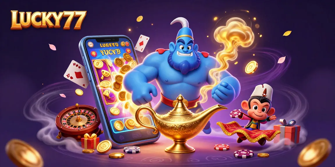 LUCKY77 reveals a vibrant casino scene with a genie, monkey, and poker excitement.