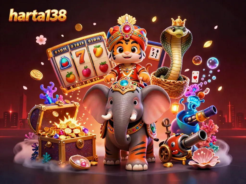 Harta138 menampilkan pemburu kemenangan dengan slot dan simbol keberuntungan dalam ilustrasi kasino