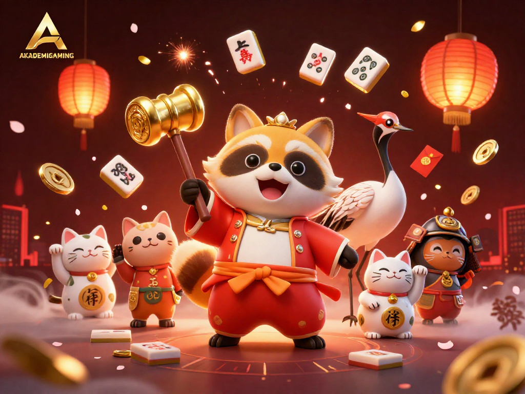 AKADEMIGAMING brings luck with a charming tanuki and vibrant symbols of fortune in a festive casino scene.