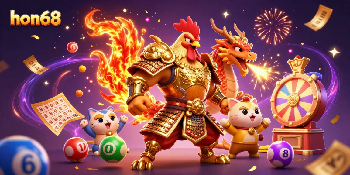 Experience the thrill of hon68 with a dynamic casino scene featuring a rooster warrior, dragon hatchling, and fortune cat.