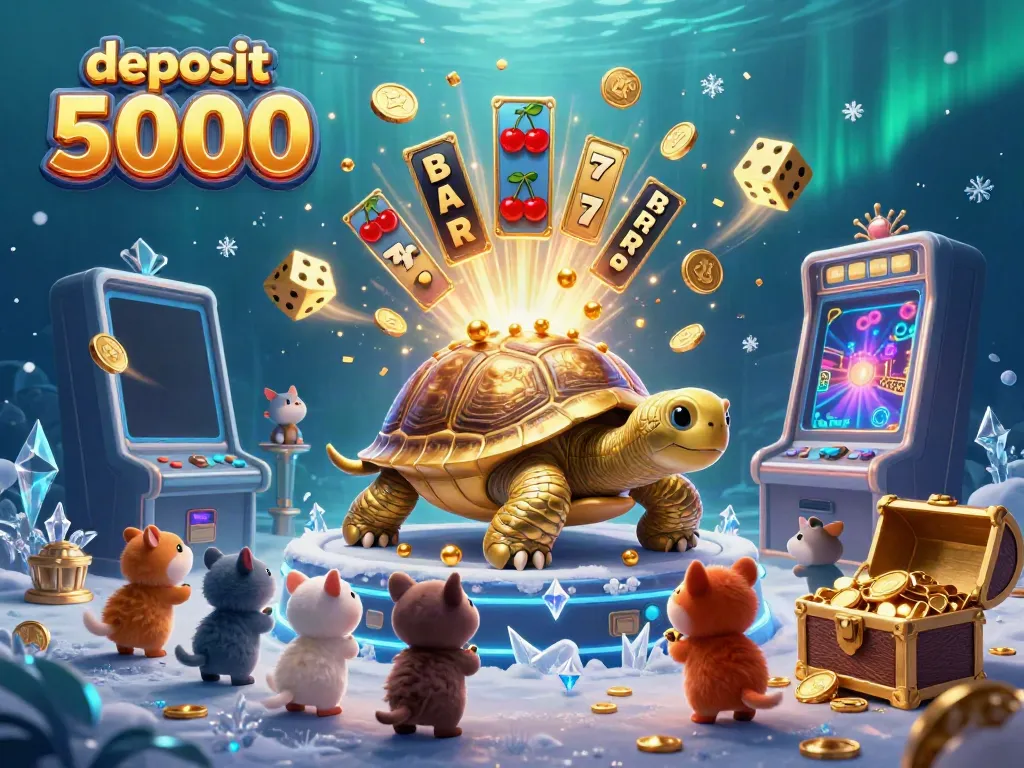 Experience the thrill of deposit 5000 with slot machines and joyous playful characters in this vibrant 3D scene.