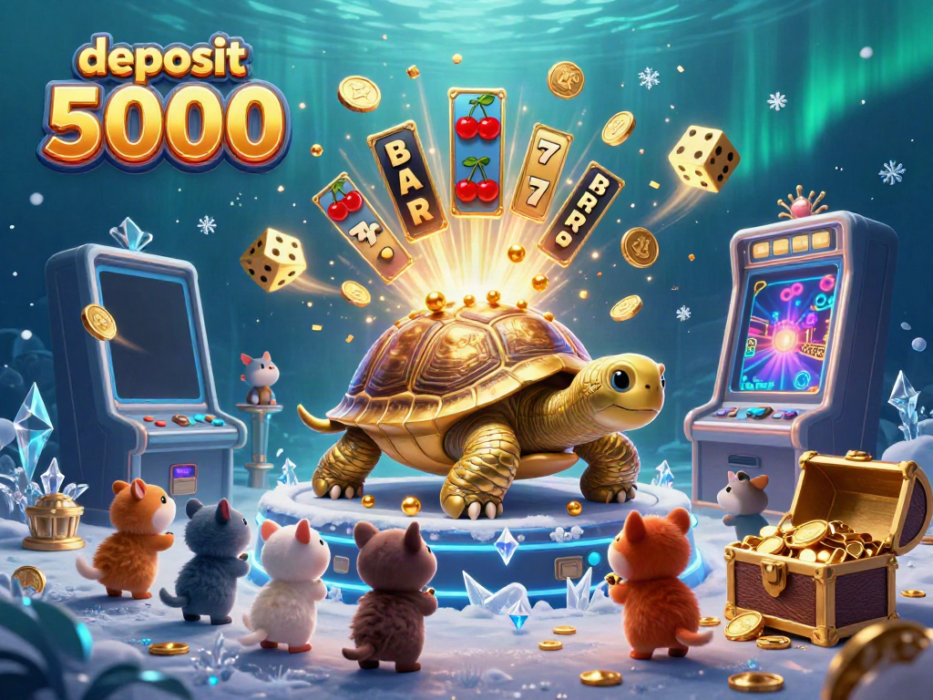 Experience the thrill of deposit 5000 with slot machines and joyous playful characters in this vibrant 3D scene.