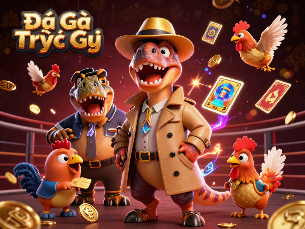 Watch Đá Gà Trực Tiếp action unfold with animated dinosaurs in a thrilling cockfighting scene.