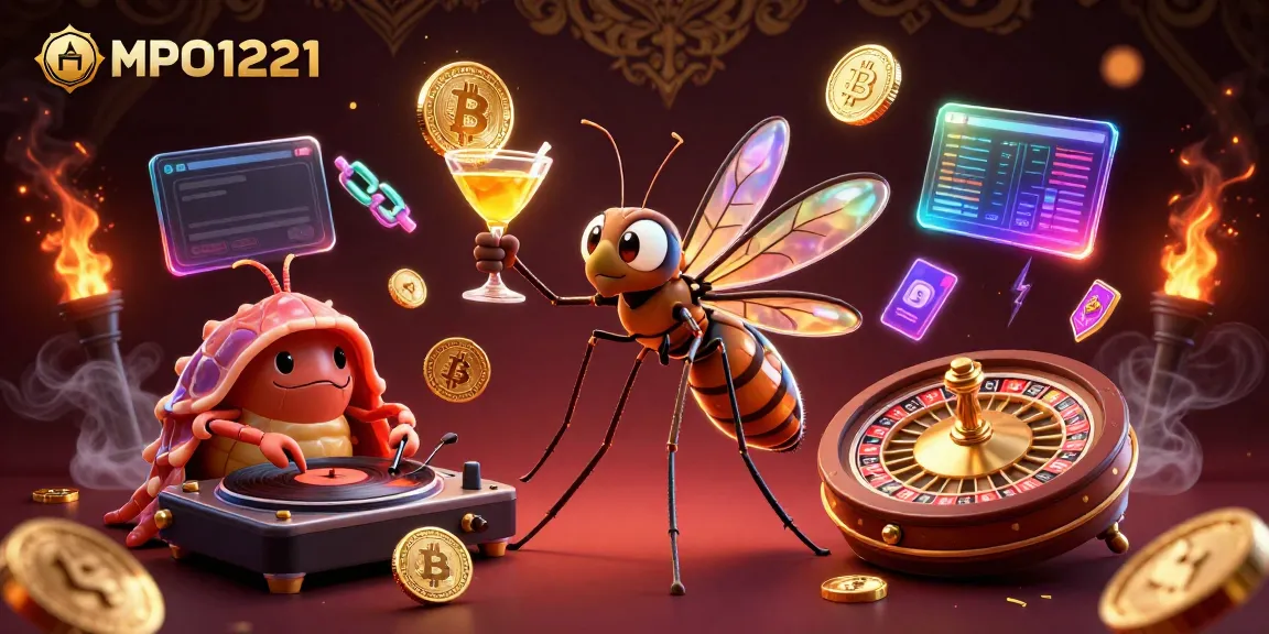 Engage with MPO1221's dynamic casino experience as a cartoon mosquito mascot spins fortune with crypto elements.